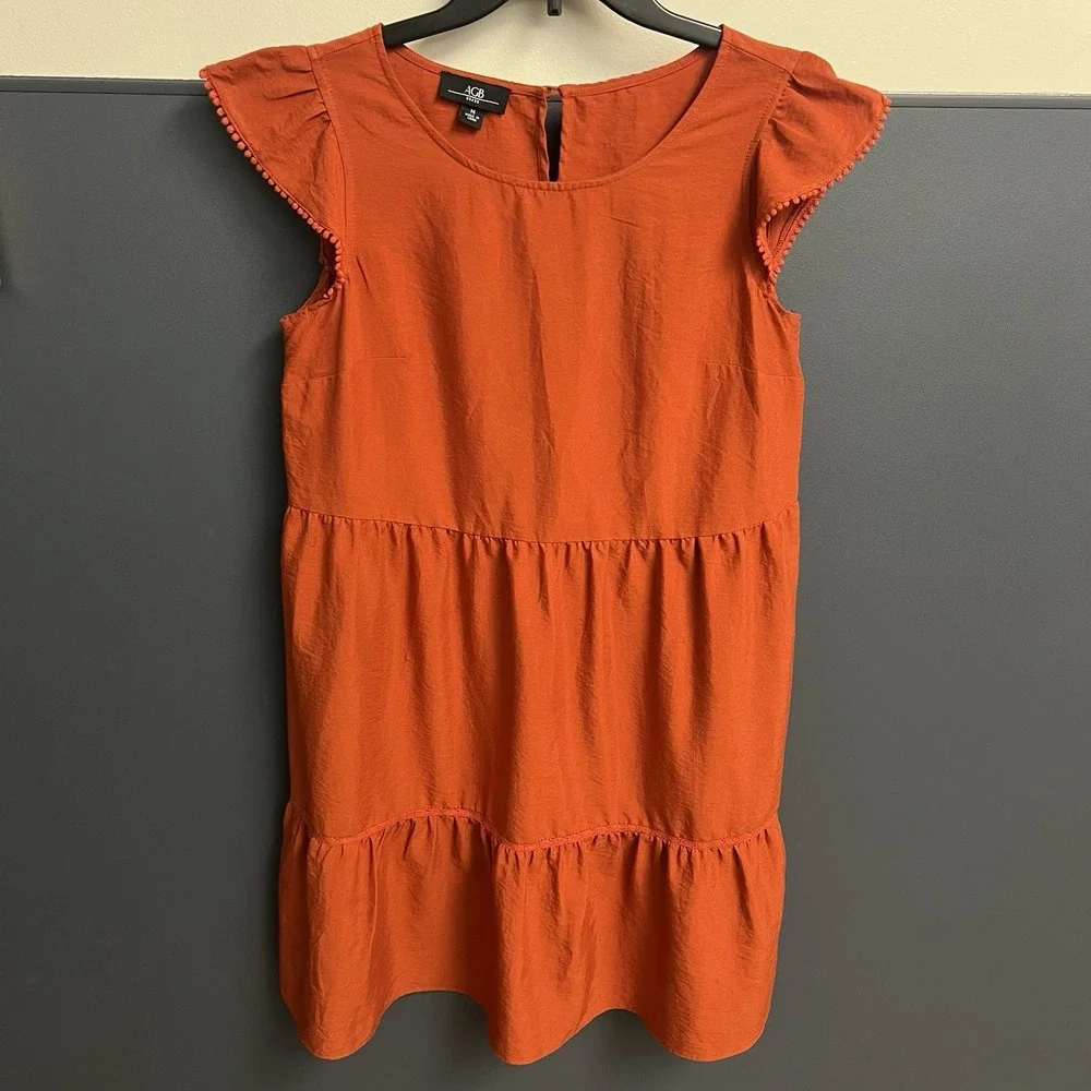 AGB Dress Sz M Burnt-Orange Ruffled Cap‎ Slvs V-Neck CottageCore Women's Medium